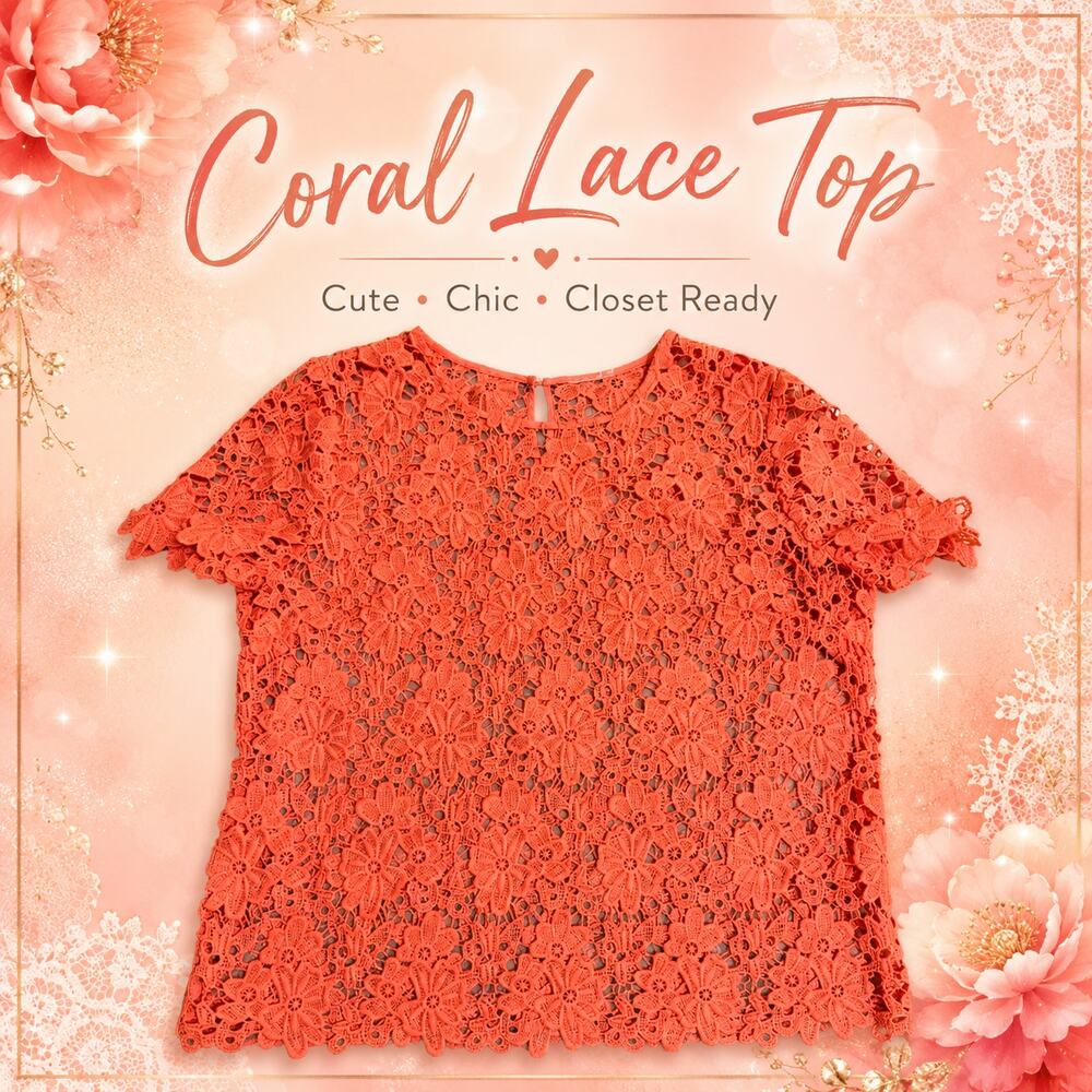 Coral Orange Floral Crochet Lace Short Sleeve Blouse Top Women’s XL Boho
